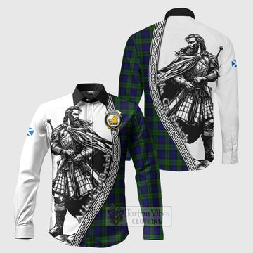 Campbell Tartan Clan Crest Long Sleeve Button Shirt with Highlander Warrior Celtic Style