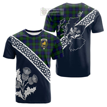 Campbell Tartan Cotton T-shirt Featuring Thistle and Scotland Map