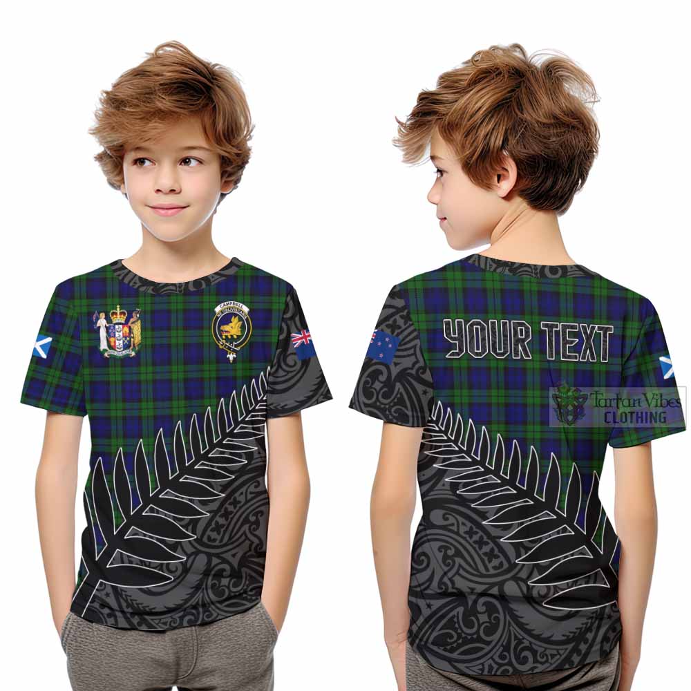 Tartan Vibes Clothing Campbell Crest Tartan Kid T-Shirt with New Zealand Silver Fern Half Style