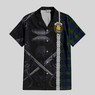 Campbell Tartan Short Sleeve Button Shirt with Family Crest Cross Sword Thistle Celtic Vibes