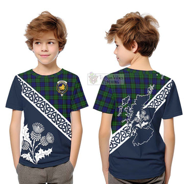 Campbell Tartan Kid T-Shirt Featuring Thistle and Scotland Map