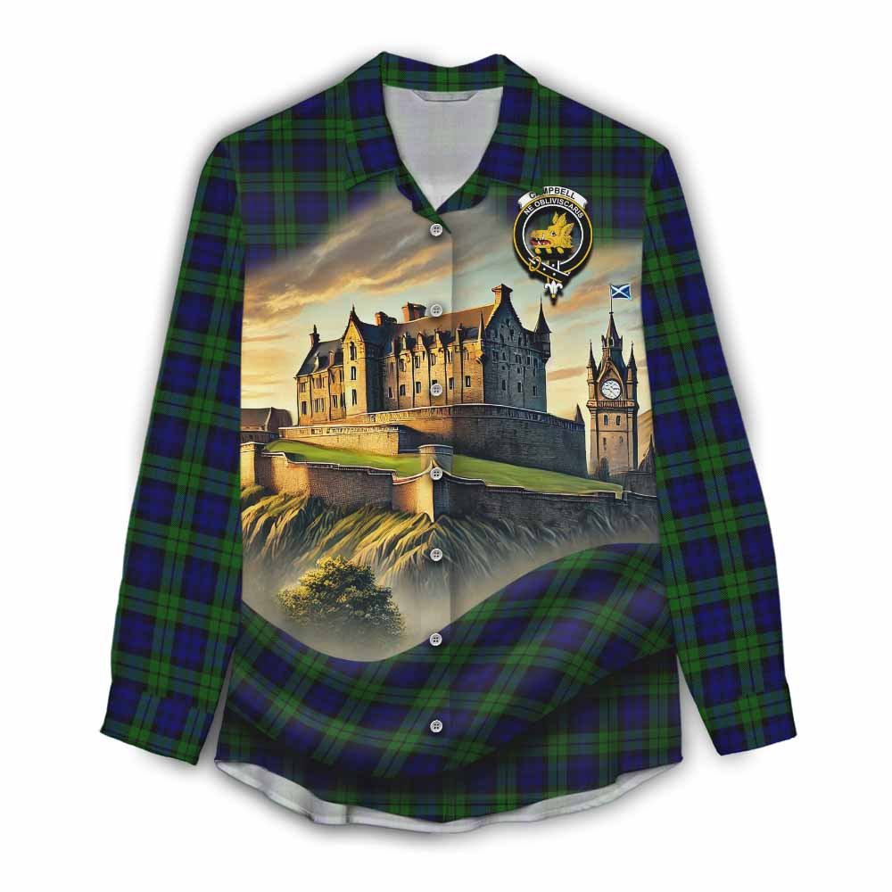 Campbell Tartan Family Crest Women's Casual Shirt with Scottish Ancient Castle Style Female - Tartan Vibes Clothing