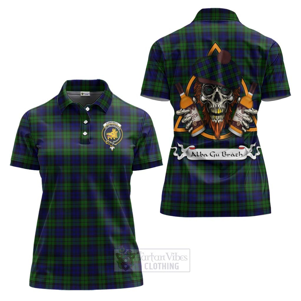 Tartan Vibes Clothing Campbell Tartan Women's Polo Shirt with Family Crest and Bearded Skull Holding Bottles of Whiskey