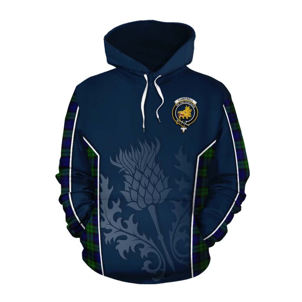 Tartan Vibes Clothing Campbell Tartan Cotton Hoodie with Family Crest and Scottish Thistle Vibes Sport Style