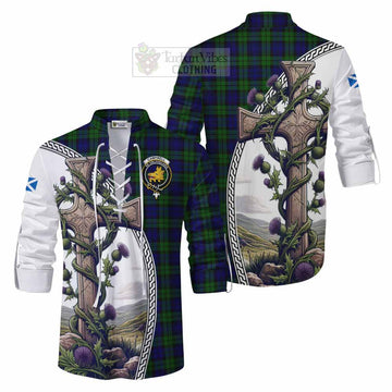 Campbell Tartan Ghillie Kilt Shirt with Family Crest and St. Andrew's Cross Accented by Thistle Vines