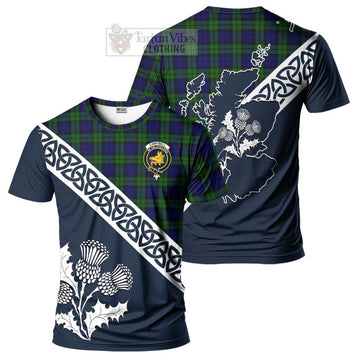 Campbell Tartan T-Shirt Featuring Thistle and Scotland Map