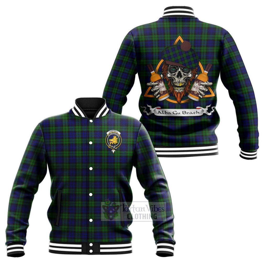 Tartan Vibes Clothing Campbell Tartan Baseball Jacket with Family Crest and Bearded Skull Holding Bottles of Whiskey