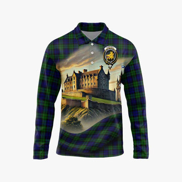 Campbell Tartan Family Crest Long Sleeve Polo Shirt with Scottish Ancient Castle Style Unisex - Tartan Vibes Clothing