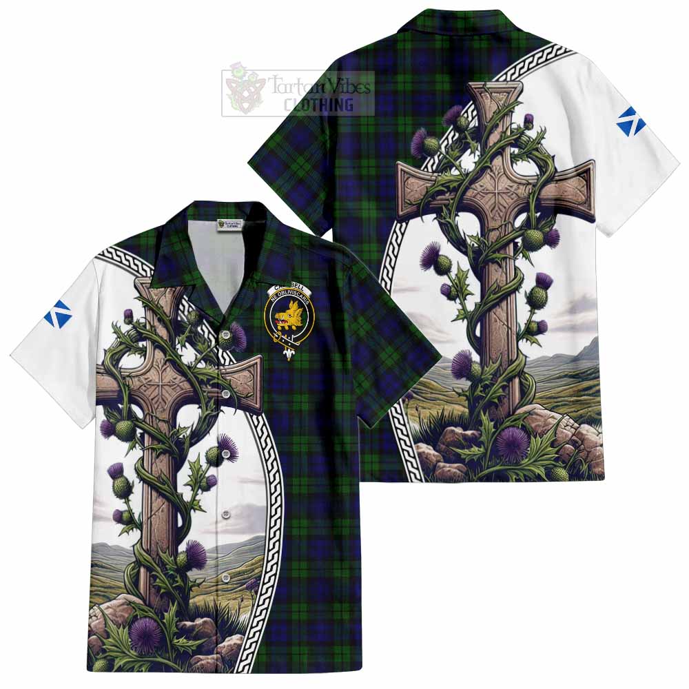 Tartan Vibes Clothing Campbell Tartan Short Sleeve Button Shirt with Family Crest and St. Andrew's Cross Accented by Thistle Vines