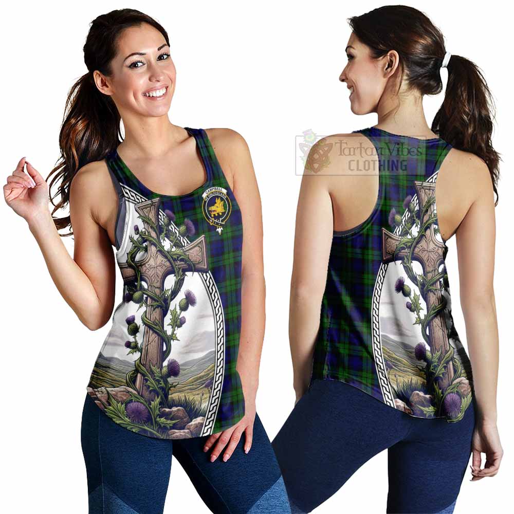 Tartan Vibes Clothing Campbell Tartan Women's Racerback Tanks with Family Crest and St. Andrew's Cross Accented by Thistle Vines