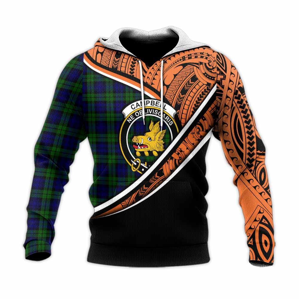 Tartan Vibes Clothing Campbell Crest Tartan Knitted Hoodie with Maori Tattoo Style - Orange Version