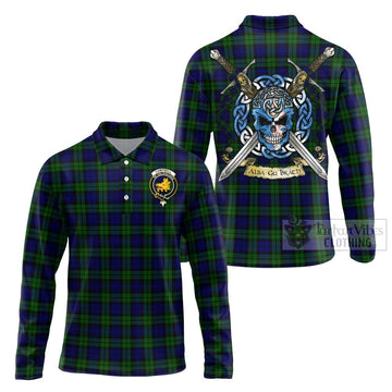 Campbell Tartan Long Sleeve Polo Shirt with Family Crest Celtic Skull Style