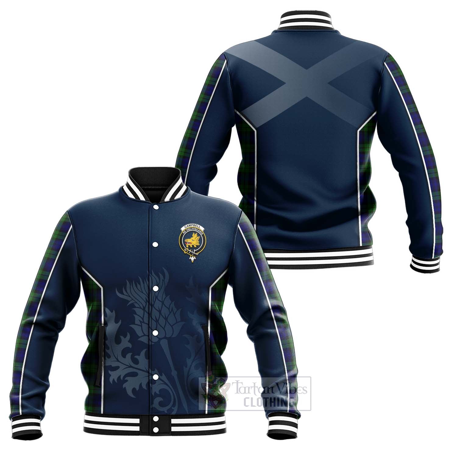 Tartan Vibes Clothing Campbell Tartan Baseball Jacket with Family Crest and Scottish Thistle Vibes Sport Style