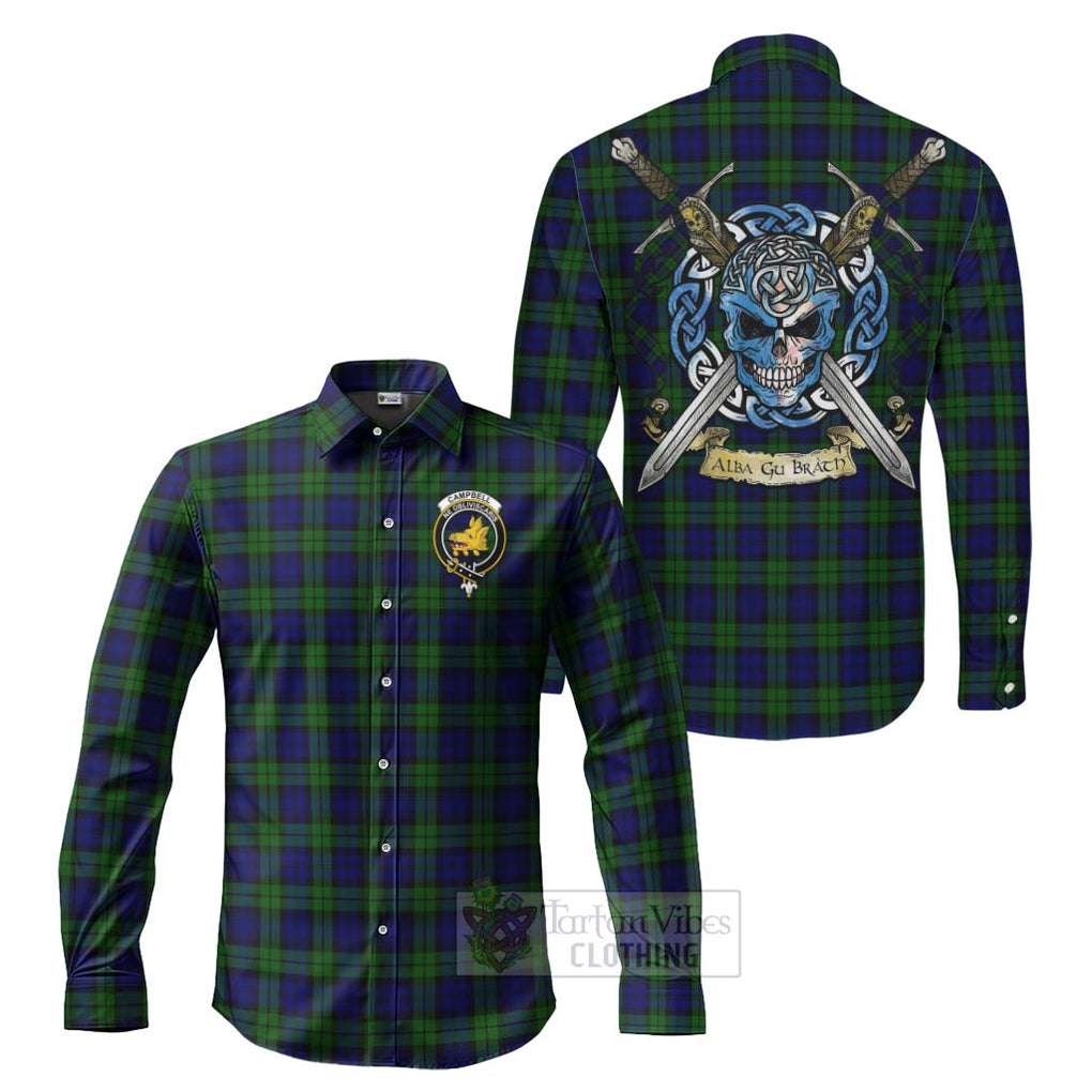 Tartan Vibes Clothing Campbell Tartan Long Sleeve Button Shirt with Family Crest Celtic Skull Style