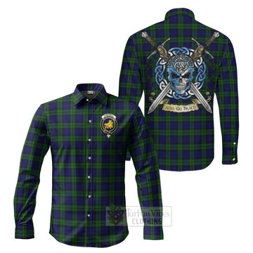 Campbell Tartan Long Sleeve Button Shirt with Family Crest Celtic Skull Style