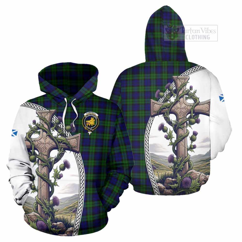 Tartan Vibes Clothing Campbell Tartan Hoodie with Family Crest and St. Andrew's Cross Accented by Thistle Vines