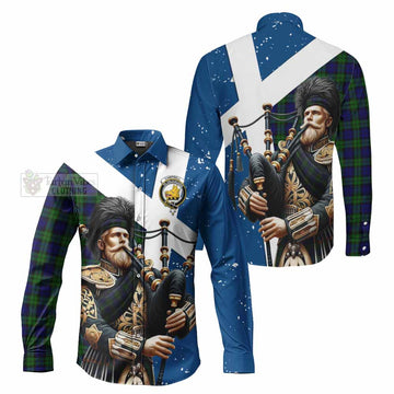 Campbell Tartan Long Sleeve Button Shirt with Family Crest Scottish Bagpiper Vibes