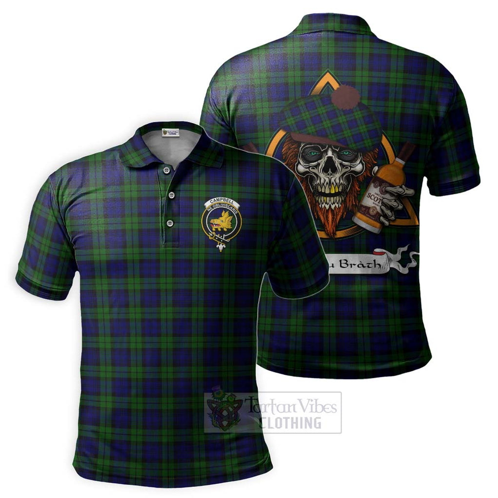 Tartan Vibes Clothing Campbell Tartan Polo Shirt with Family Crest and Bearded Skull Holding Bottles of Whiskey