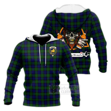 Campbell Tartan Knitted Hoodie with Family Crest and Bearded Skull Holding Bottles of Whiskey