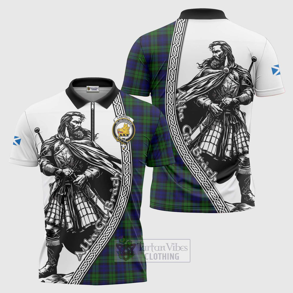 Tartan Vibes Clothing Campbell Tartan Clan Crest Zipper Polo Shirt with Highlander Warrior Celtic Style