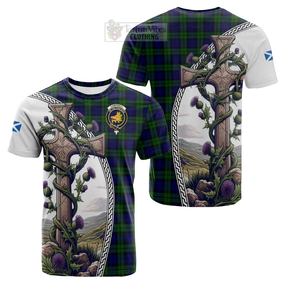 Tartan Vibes Clothing Campbell Tartan Cotton T-shirt with Family Crest and St. Andrew's Cross Accented by Thistle Vines