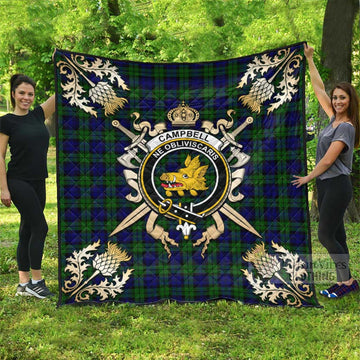 Campbell Tartan Quilt with Family Crest and Scottish Golden Courage Shield