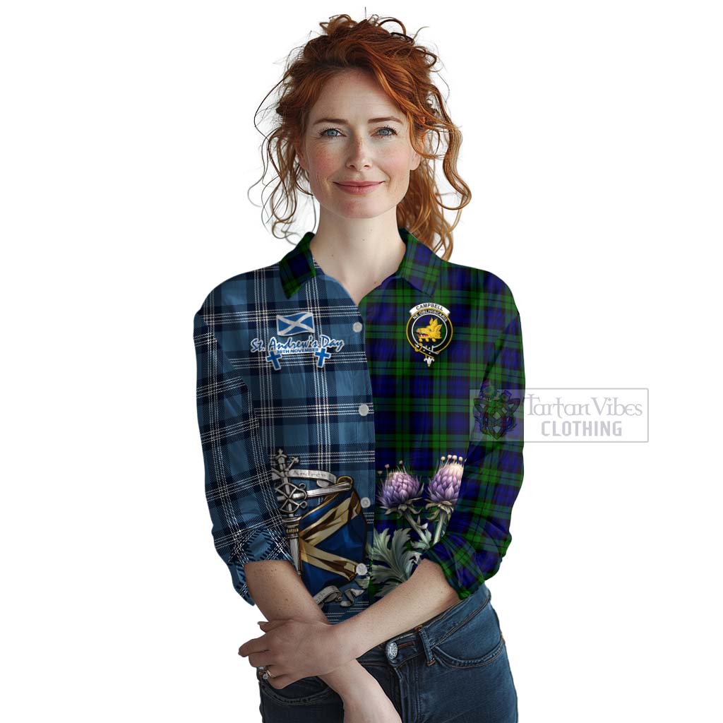 Tartan Vibes Clothing Campbell Tartan Women's Casual Shirt Happy St. Andrew's Day Half Tartan Style