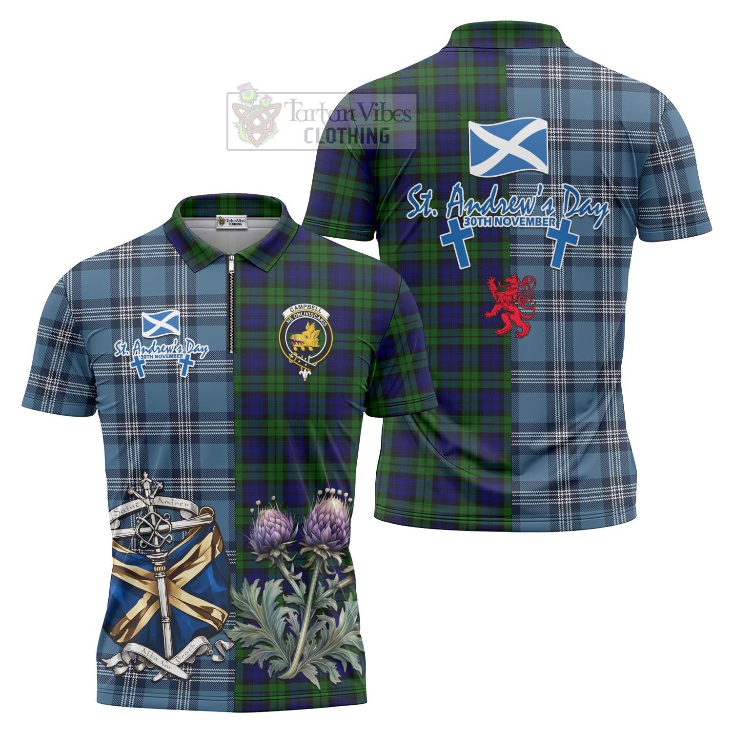 Tartan Vibes Clothing Campbell Tartan Zipper Polo Shirt Happy St. Andrew's Day Half Tartan Style