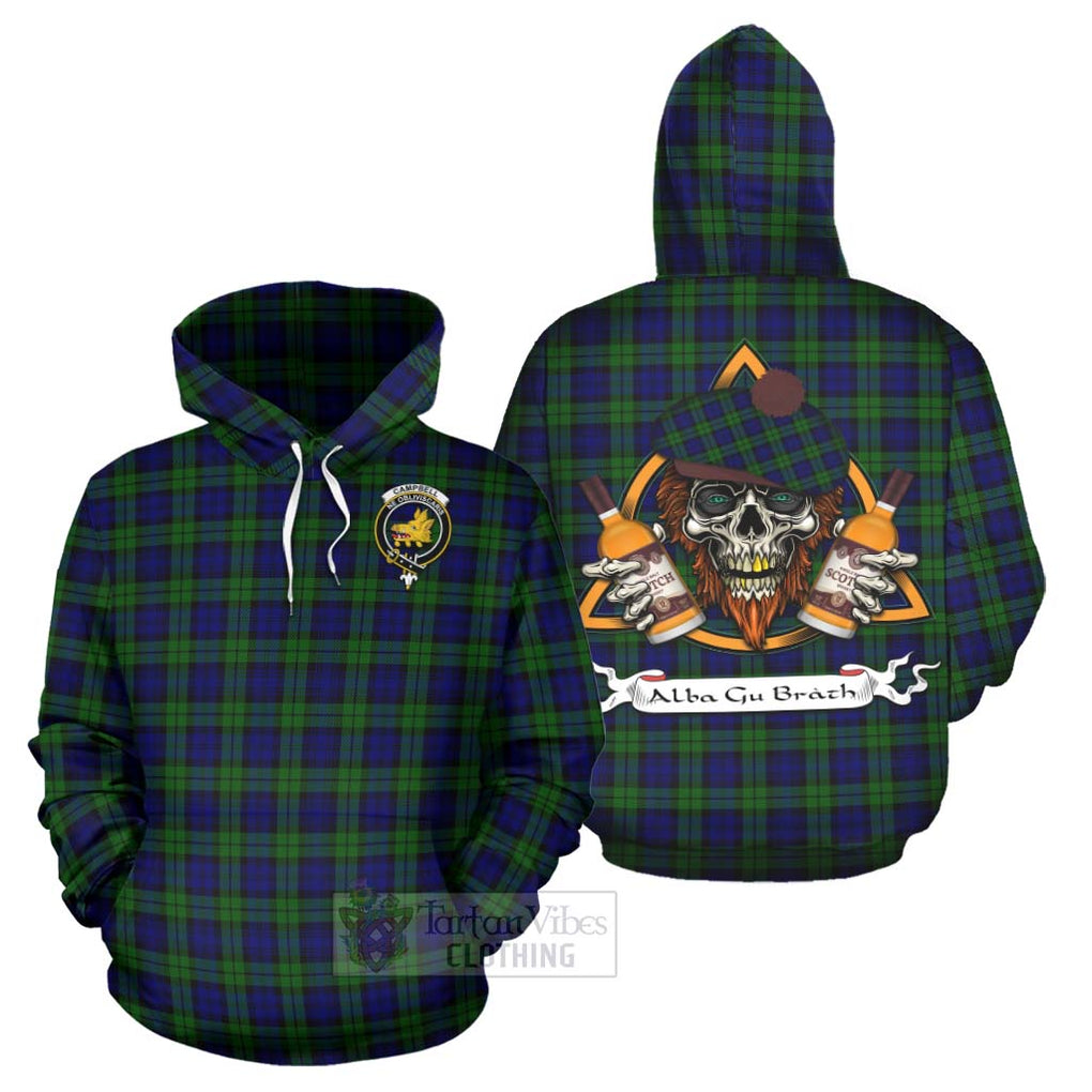 Tartan Vibes Clothing Campbell Tartan Hoodie with Family Crest and Bearded Skull Holding Bottles of Whiskey