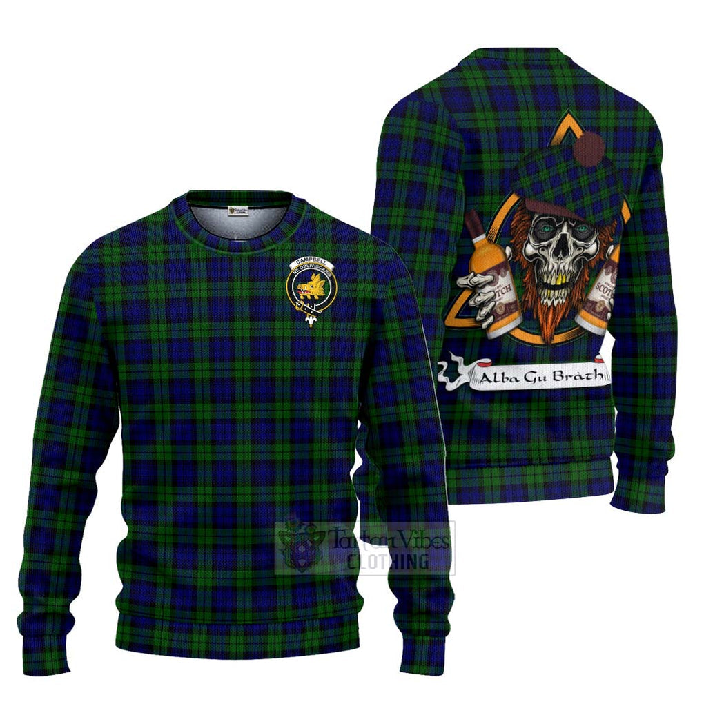 Tartan Vibes Clothing Campbell Tartan Knitted Sweater with Family Crest and Bearded Skull Holding Bottles of Whiskey