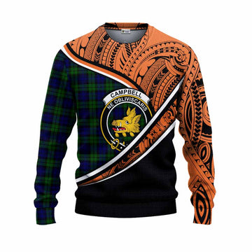 Campbell Crest Tartan Knitted Sweater with Polynesian Vibes Style - Orange Version