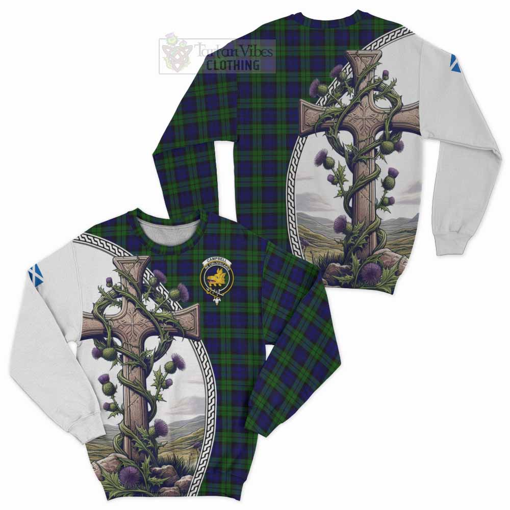 Tartan Vibes Clothing Campbell Tartan Sweatshirt with Family Crest and St. Andrew's Cross Accented by Thistle Vines