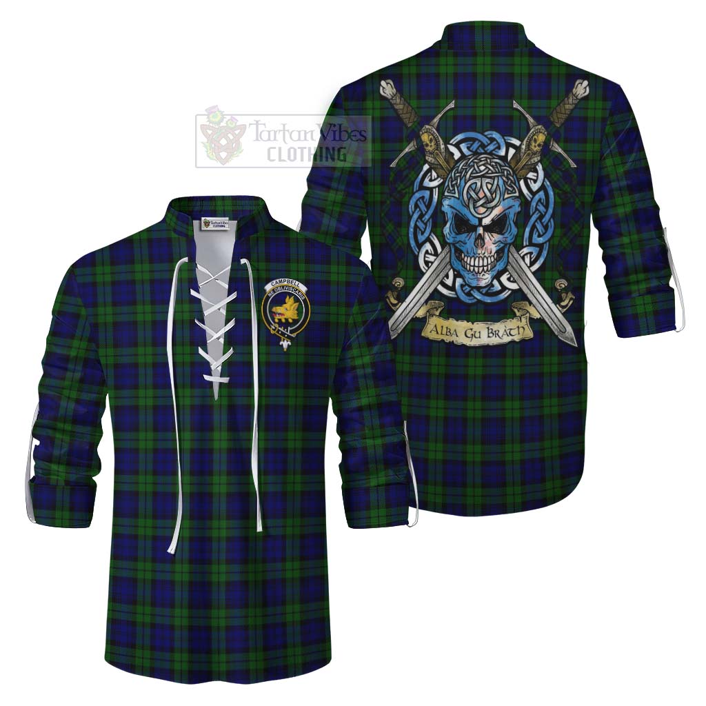 Tartan Vibes Clothing Campbell Tartan Ghillie Kilt Shirt with Family Crest Celtic Skull Style