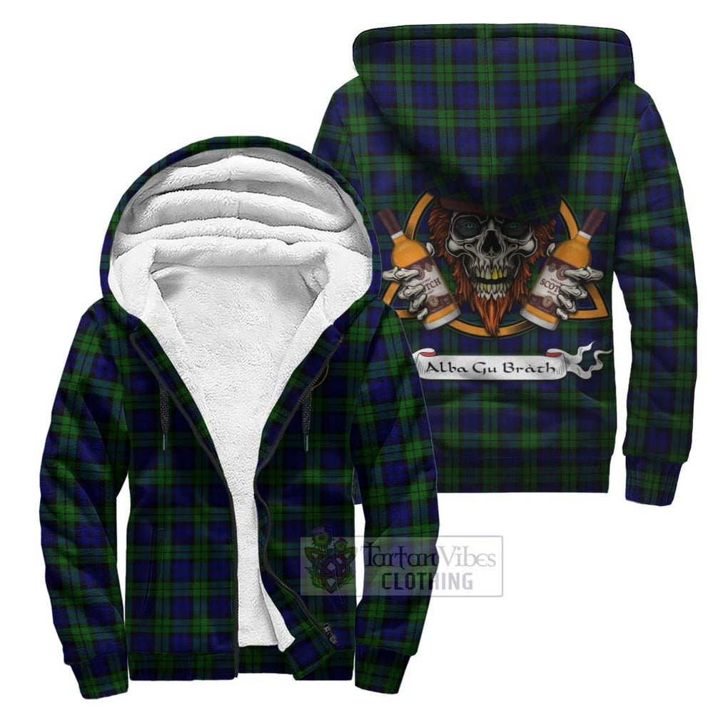 Tartan Vibes Clothing Campbell Tartan Sherpa Hoodie with Family Crest and Bearded Skull Holding Bottles of Whiskey