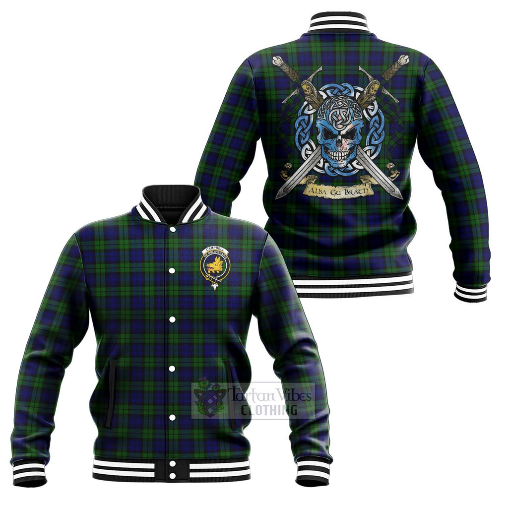 Tartan Vibes Clothing Campbell Tartan Baseball Jacket with Family Crest Celtic Skull Style