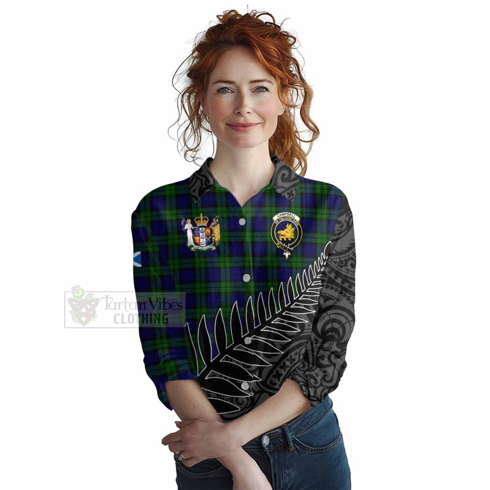 Tartan Vibes Clothing Campbell Crest Tartan Women's Casual Shirt with New Zealand Silver Fern Half Style