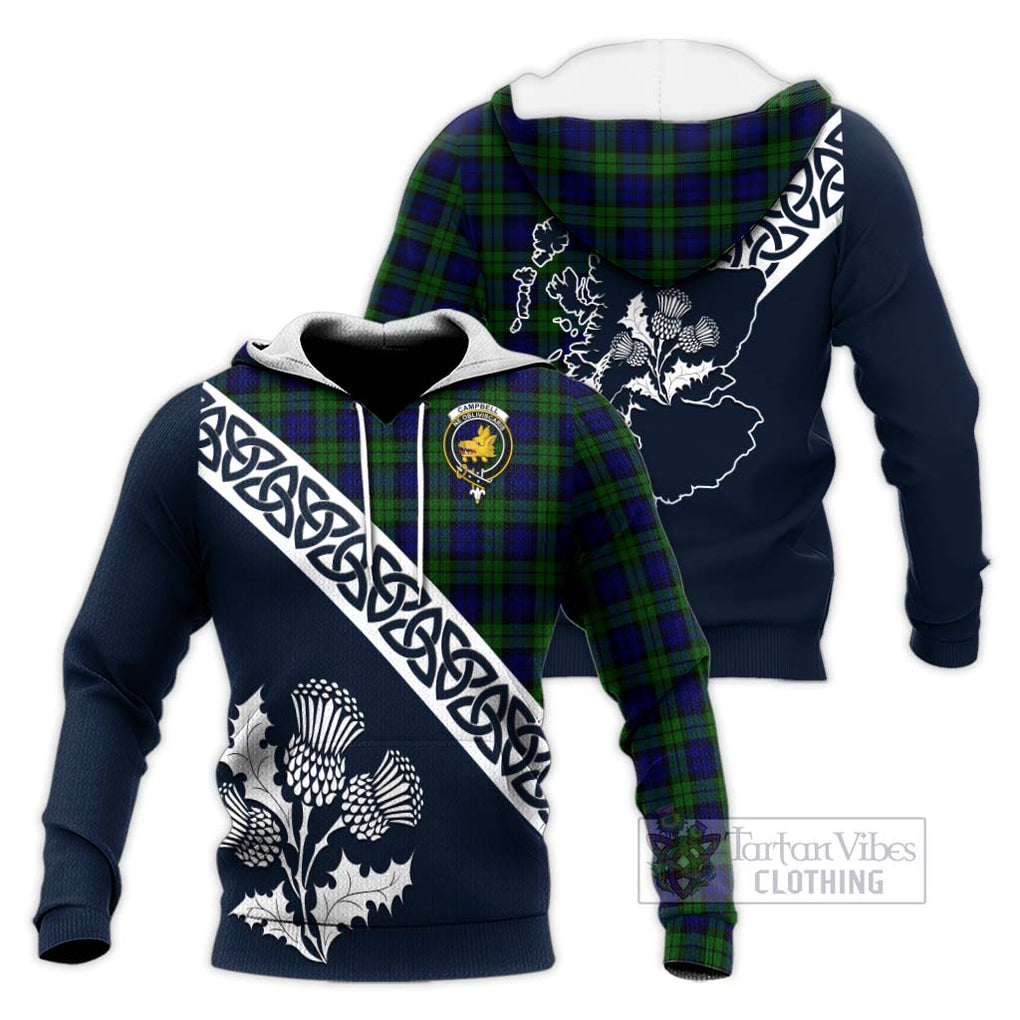 Tartan Vibes Clothing Campbell Tartan Knitted Hoodie Featuring Thistle and Scotland Map