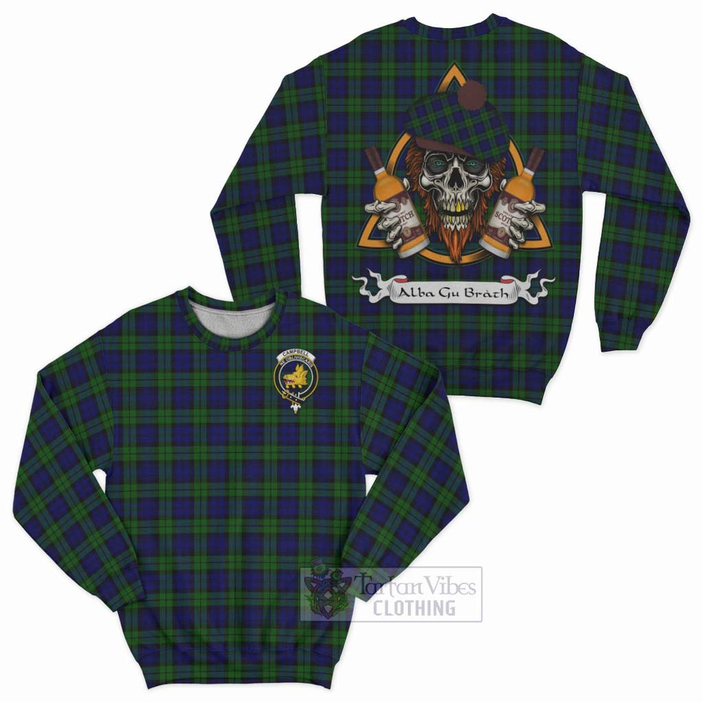 Tartan Vibes Clothing Campbell Tartan Sweatshirt with Family Crest and Bearded Skull Holding Bottles of Whiskey