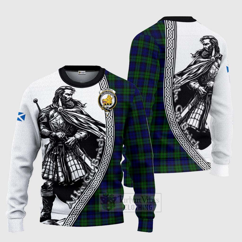 Tartan Vibes Clothing Campbell Tartan Clan Crest Knitted Sweater with Highlander Warrior Celtic Style