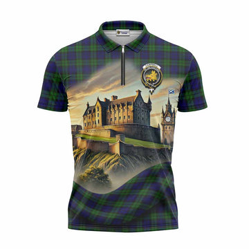 Campbell Tartan Family Crest Zipper Polo Shirt with Scottish Ancient Castle Style Unisex - Tartan Vibes Clothing
