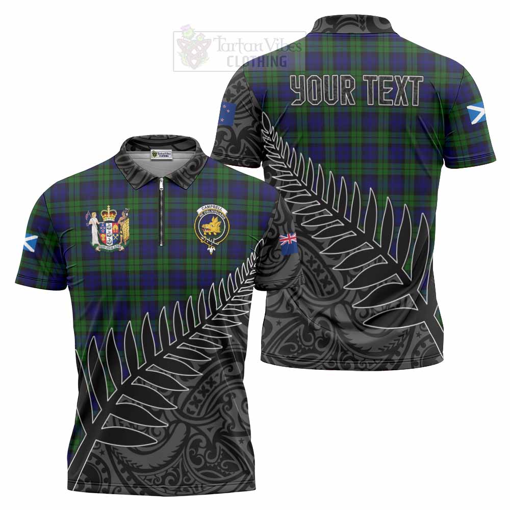 Tartan Vibes Clothing Campbell Crest Tartan Zipper Polo Shirt with New Zealand Silver Fern Half Style