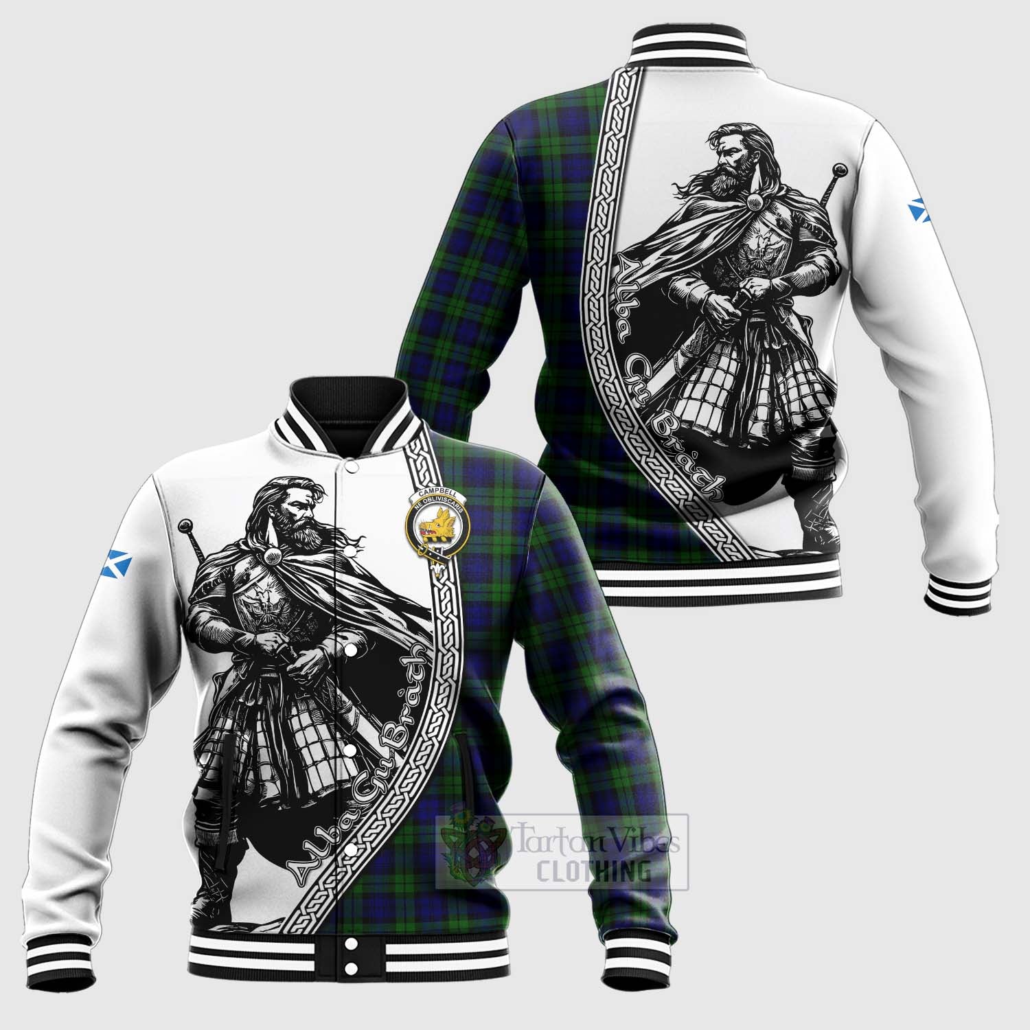 Tartan Vibes Clothing Campbell Tartan Clan Crest Baseball Jacket with Highlander Warrior Celtic Style