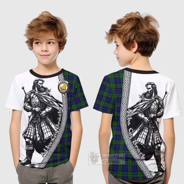 Campbell Tartan Clan Crest Kid T-Shirt with Highlander Warrior Celtic Style