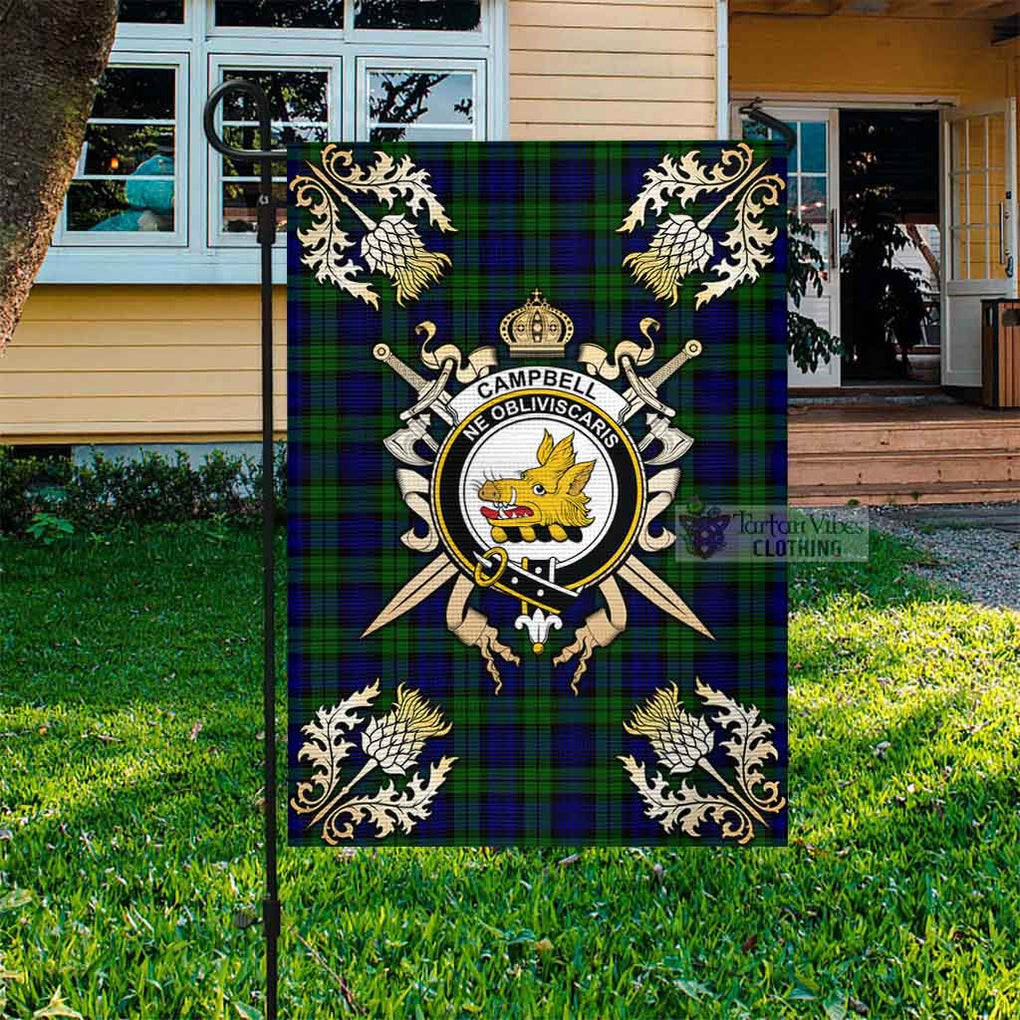 Tartan Vibes Clothing Campbell Tartan Flag with Family Crest and Golden Thistle Crossed Sword Design