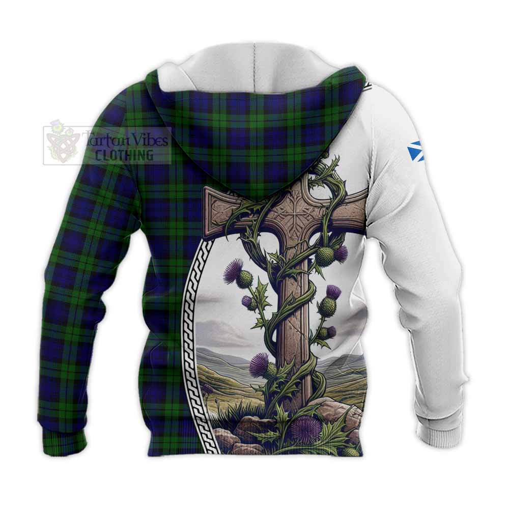 Tartan Vibes Clothing Campbell Tartan Knitted Hoodie with Family Crest and St. Andrew's Cross Accented by Thistle Vines