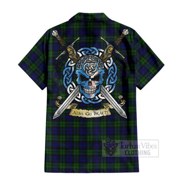 Campbell Tartan Short Sleeve Button Shirt with Family Crest Celtic Skull Style