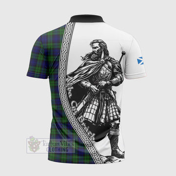 Campbell Tartan Clan Crest Zipper Polo Shirt with Highlander Warrior Celtic Style