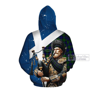 Campbell Tartan Cotton Hoodie with Family Crest Scottish Bagpiper Vibes