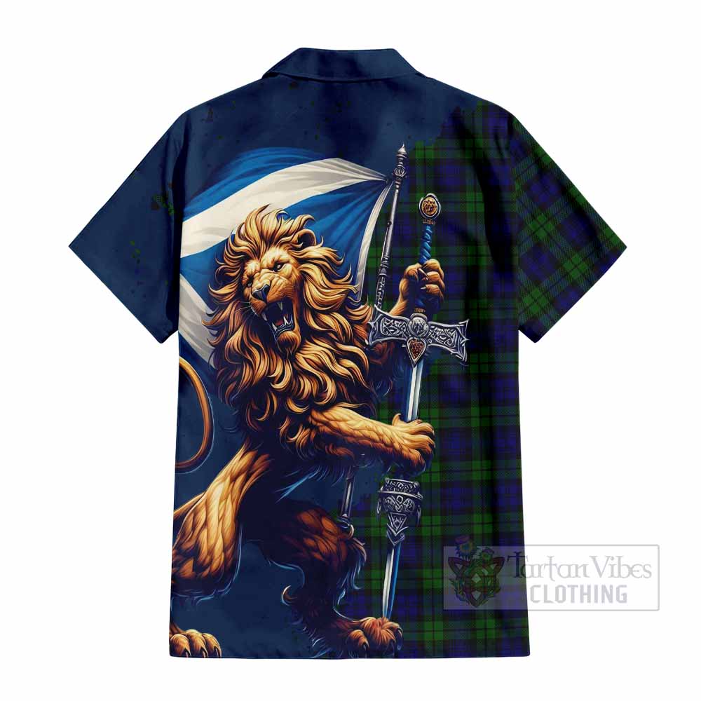 Tartan Vibes Clothing Campbell Tartan Family Crest Short Sleeve Button Shirt with Scottish Majestic Lion