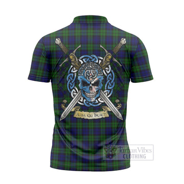 Campbell Tartan Zipper Polo Shirt with Family Crest Celtic Skull Style